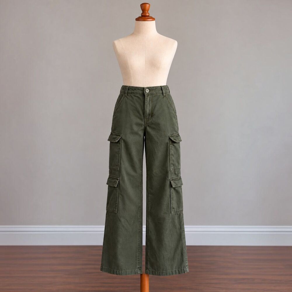 YMI High Rise All Day Cargo Pants Juniors S 5/7 Olive Green Wide Leg 8 Pocket